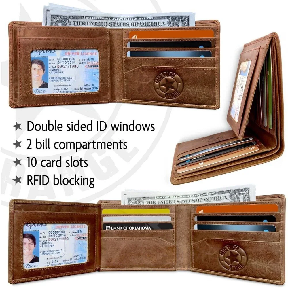 Men's Vintage Brown Distressed Leather Rfid-blocking 10 Card Slots Biker Wallet